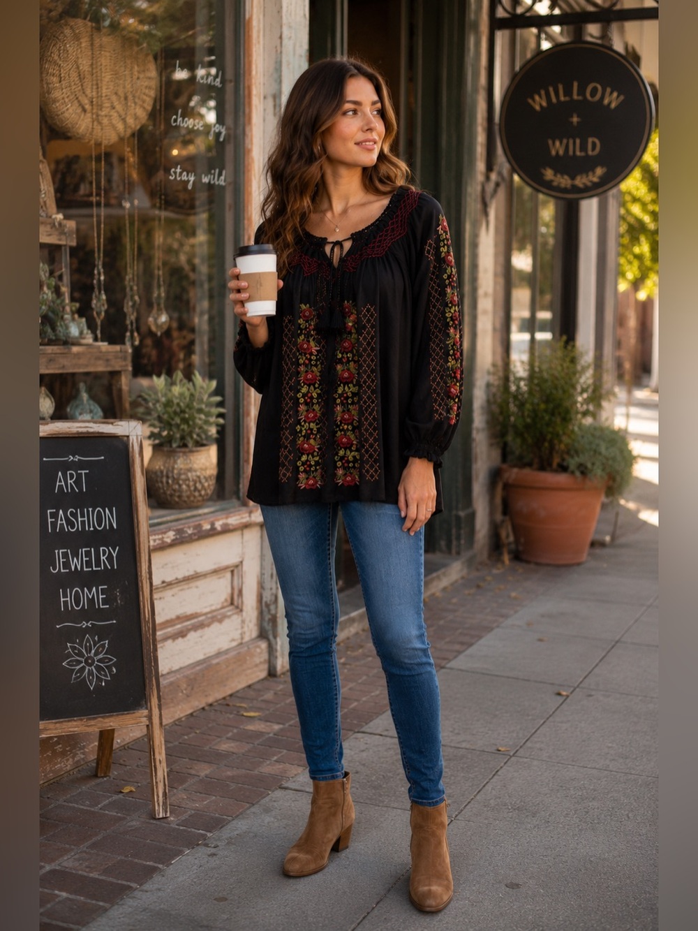 J Jill Embroidered Boho Peasant Blouse Tassel Tie Black Red Size S